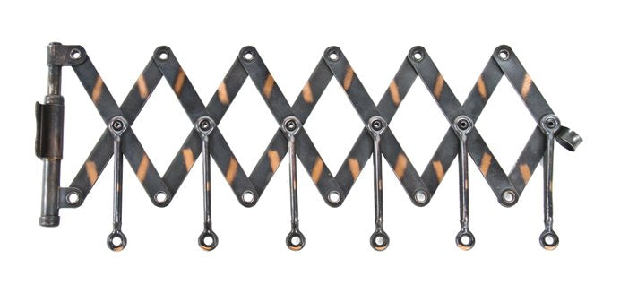 all original american industrial wall-mount "hood" new old stock scissor garment bracket with intact oxidized copper-plated finish