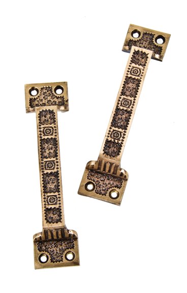 two matching c. 1880's american eastlake style ornamental cast brass "ivy" pattern interior residential window sash pulls or lifts