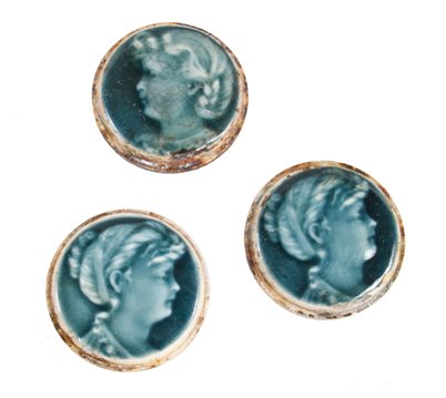 lot of three late 19th century american victorian era vibrant blue majolica glazed diminutive circular-shaped ceramic stove tiles featuring female portraits