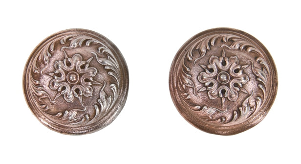 matching set of original early 20th century ornamental copper-plated cast iron "piccadilly" pattern residential passage size doorknobs