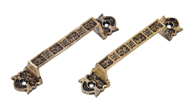 original c. 1880's antique american eastlake style "ivy" pattern ornamental cast brass interior residential window sash pulls with ivy leaf field pattern