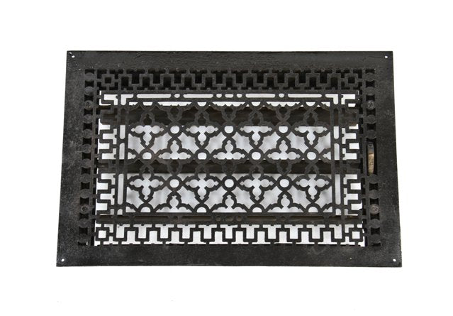 original and intact antique american 19th century victorian era "persian" pattern ornamental black enameled cast iron wall-mount register or grate