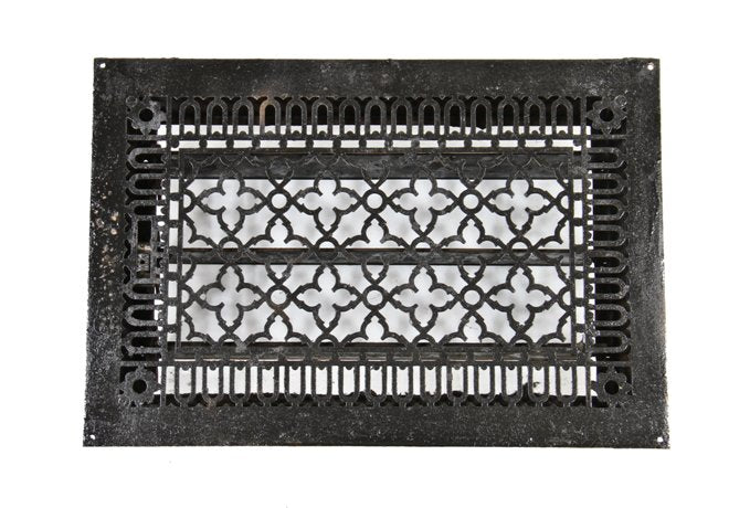 intact american victorian era 19th century ornamental cast iron "persian" pattern wall-mount glide movement register with uniform black enameled finish