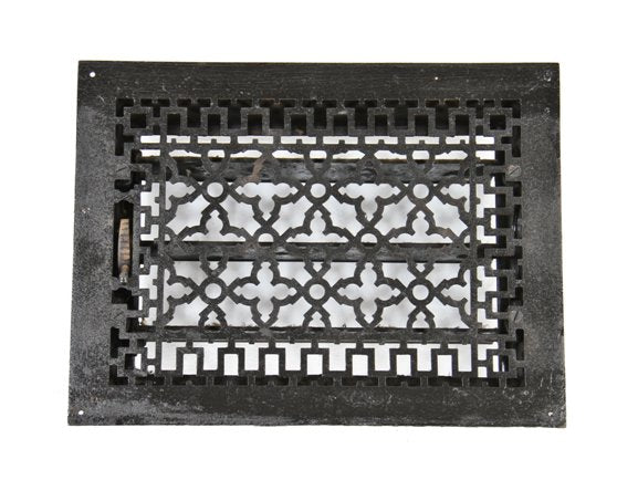 fully functional c. 1885 antique american ornamental cast iron wall-mount interior residential "persian" pattern black enameled louvered register
