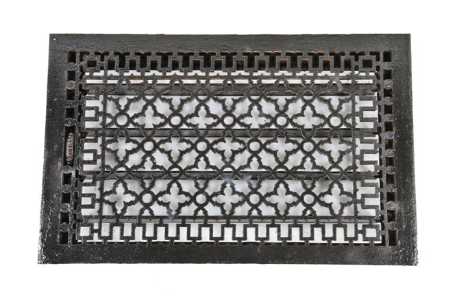 oversized c. 1885 american antique interior residential louvered "persian" pattern ornamental cast iron wall register with uniform black paint finish