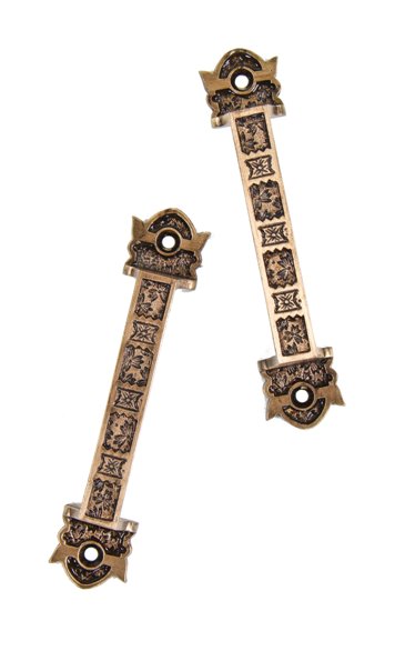 two matching original american eastlake style "ivy" pattern ornamental cast brass residential window sash pulls with ivy leaf field pattern