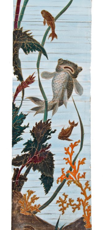 all original and finely crafted complete 19th century aesthetic movement interior residential vibrantly colored fireplace aquatic themed tile surround