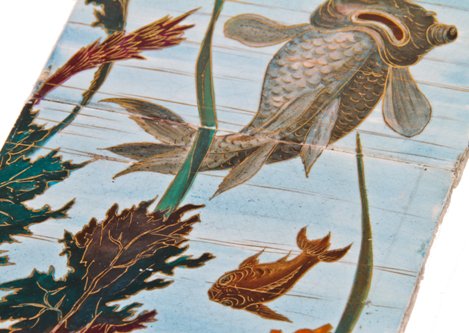 all original and finely crafted complete 19th century aesthetic movement interior residential vibrantly colored fireplace aquatic themed tile surround