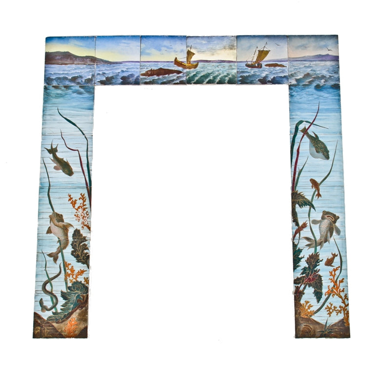all original and finely crafted complete 19th century aesthetic movement interior residential vibrantly colored fireplace aquatic themed tile surround