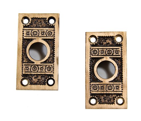 two matching c. 1885 american eastlake style ornamental cast brass "ivy" pattern interior residential upper window sash pull plates