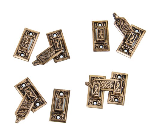 lot of four matching c. 1880's antique american eastlake style ornamental cast brass "oriental" pattern residential window shutter bars with keepers