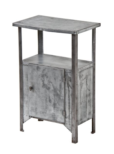 unusual c. 1920's vintage american medical riveted joint folded and pressed galvanized steel hospital room sterilizer cabinet with brushed metal finish