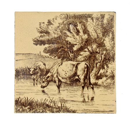 original and intact c. 1885 william wise minton aesthetic movement transferware ceramic fireplace tile with sepia-toned pastoral scene