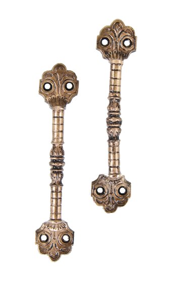 pair of highly ornate c. 1880's antique american cast brass interior residential window sash pulls or lifts with black enameled inlay