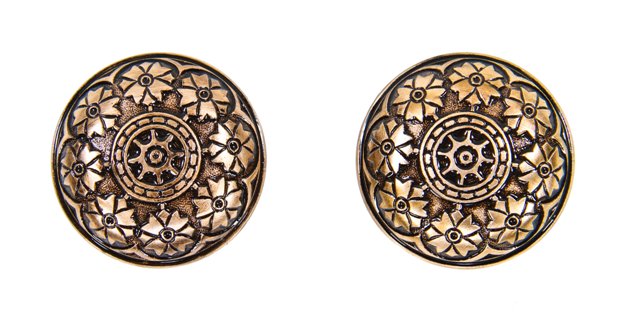 original antique american interior residential c. 1880's ornamental cast brass passage size banded rim doorknobs with dark metallic bronze inlay