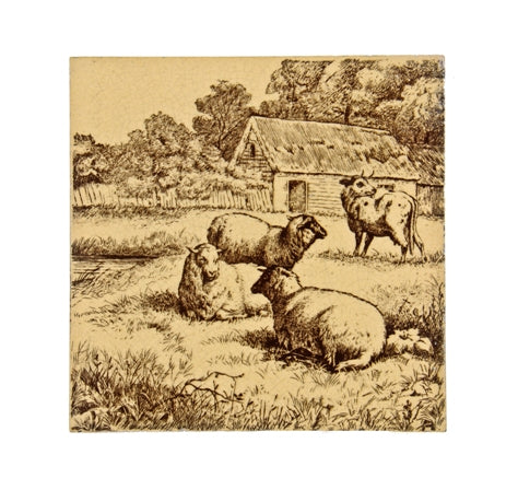19th century original interior residential aesthetic movement transferware "sheep lying down" fireplace surround ceramic tile