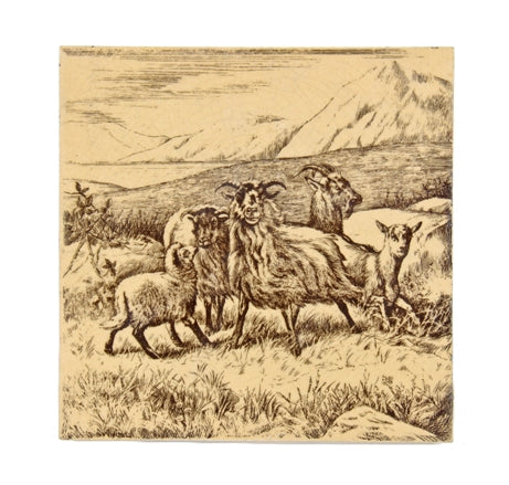 original c. 1885 printed underglazed "goats and kids" william wise "animals on the farm" series ceramic fireplace tile