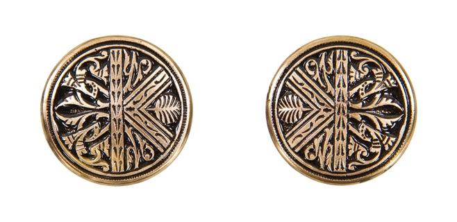 original c. 1886 antique american ornamental cast brass "egyptian" pattern drum-shaped interior residential doorknobs with knurled edges