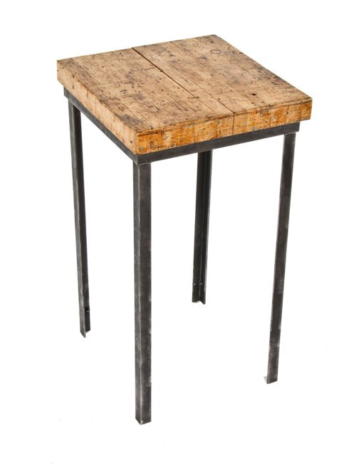 modified late 1940's vintage american industrial brushed heavy gauge steel four-legged work stand with newly added maple wood tabletop