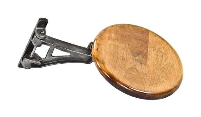 original and fully functional vintage american industrial interior factory lunchroom table swing-out stool with solid maple wood seat