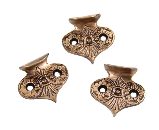 three matching uniquely shaped c. 1886 ornamental cast brass interior residential window sash finger lifts or pulls with black enameled inlay