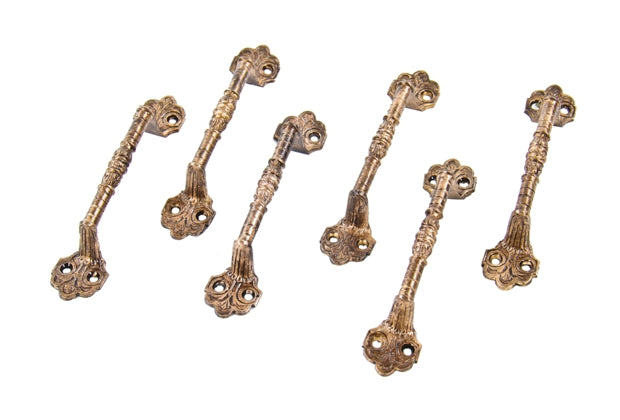 six matching c. 1880's high victorian ornamental oversized cast brass david c. cook mansion interior window sash pulls or handles