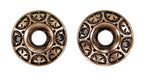 two matching original 19th century fanciful american cast brass metal interior residential circular doorknob rosettes with black enameled inlay