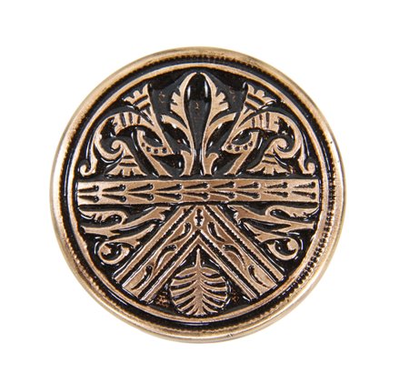 c. 1886 antique american ornamental cast brass "egyptian" pattern drum-shaped residential doorknob with metallic bronze enameled inlay