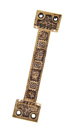 19th century american antique eastlake style interior residential ornamental cast brass "ivy" pattern window sash pull or handle with dark enameled inlay