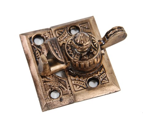 19th century original american eastlake style ornamental cast brass "oriental" pattern residential interior window sash lock with intact keeper