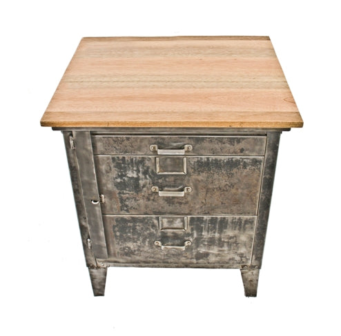 refinished c. 1940's american industrial cold-rolled steel multi-drawer factory supply cabinet with newly added solid mahogany wood tabletop