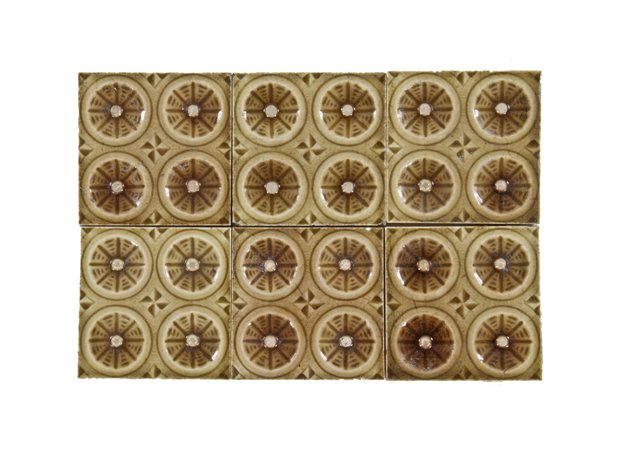 six matching all original c. 1886 david c. cook mansion interior majolica glazed hamilton fireplace surround tiles containing circles with sunken centers