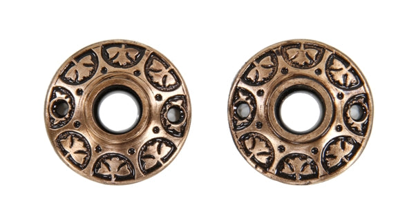 refinished late 19th century antique american ornamental cast brass circular interior residential doorknob rosettes or escutcheons with enameled inlay