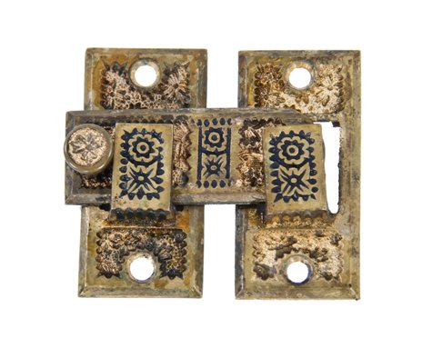 original c. 1880's american eastlake style ornamental cast brass "ivy" pattern interior residential window shutter bar and matching catch or keeper