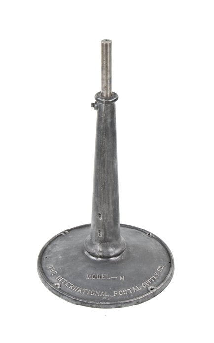original and intact vintage american industrial heavy duty cast iron "model-m" letter stamping machine pedestal base with telescoping steel rod