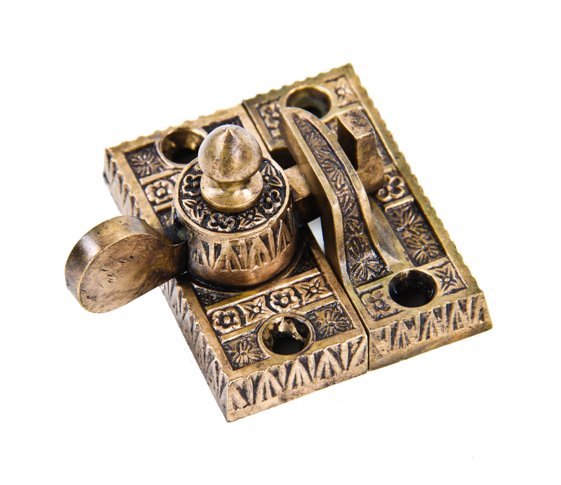 oversized c. 1886 original american ornamental cast bronze "ivy" pattern eastlake style interior residential window sash lock with enameled inlay