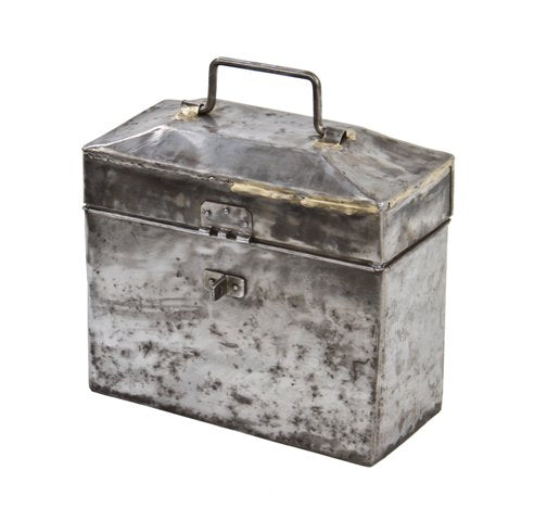 c. 1930's unique custom-built welded joint heavy gauge cold-rolled steel portable pipefitter hinged top tool box with brushed metal finish