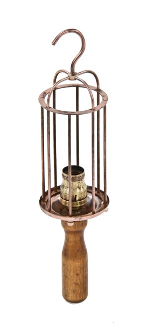 c. 1910-15 all original american vintage industrial "crescent" style portable lamp guard or "trouble light" with copper-plated steel cage and keyless socket
