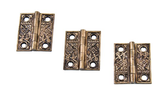 group of three matching fully functional c. 1880's american ornamental cast brass "bamboo" pattern interior residential window shutter butt hinges