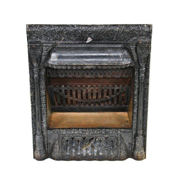 fully functional late 19th century patented american victorian era black enameled ornamental cast iron residential fireplace gas insert