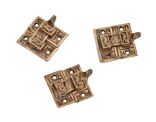 three matching c. 1880's american aesthetic movement "oriental" pattern interior residential cast brass window shutter door bars with matching catches