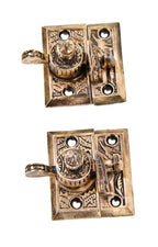 set of 19th century american interior residential eastlake style "oriental" pattern fully functional cast brass sash locks with matching keepers
