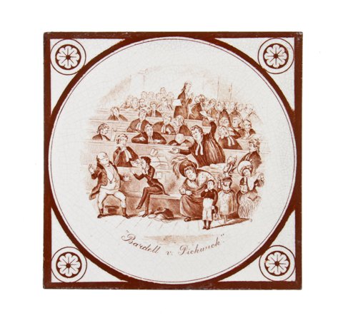 c. 1880's interior residential victorian era transferware "bardell vs. pickwick" fireplace surround tile with allover surface crazing