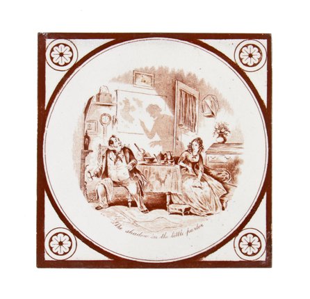 19th century original and intact interior residential pictorial or scenic "barnaby rudge" fireplace surround tile with lightly crazed surface