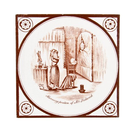 c. 1886 original antique victorian era "alarming position for mr. pickwick" pictorial charles dickens fireplace surround tile