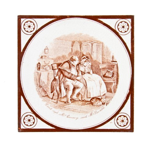 19th century original victorian era aesthetic movement reddish-brown glazed transferware pictorial or scenic residential fireplace tile