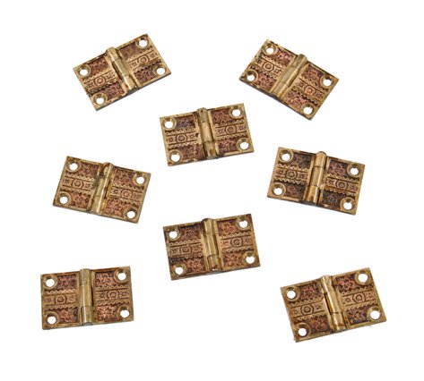 eight matching original c. 1880's american eastlake style ornamental cast bronze "ivy" pattern shutter door hinges or flaps with unique field pattern