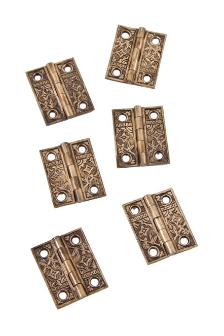group of six matching c. 1886 antique ameican aesthetic movement "bamboo" pattern residential cast brass shutter door butt hinges