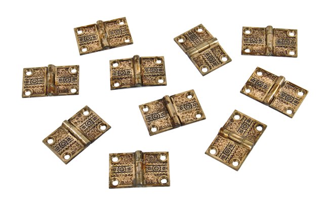 large lot of matching antique american eastlake style interior residential cast brass "ivy" pattern shutter door hinges or flaps with black enameled inlay