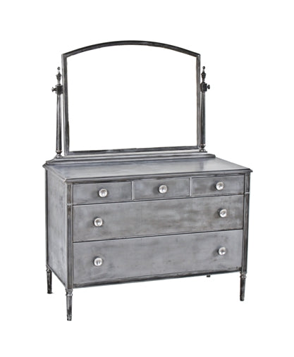 hard to find unusually large late 1940's american industrial refinished "simmons" lowboy dresser cabinet with original oversized swivel mirror